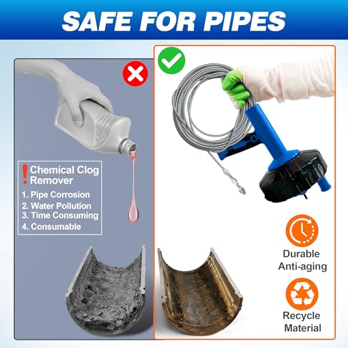 Drainsoon Auto Feed Drain Auger with Drill Adapter, 33 Feet Drain Snake Hair Clog Remover, Manual or Powered Plumbing Snake Drain Cleaner for Bathroom, Shower, Kitchen Sink, Comes with Gloves - color: Blue