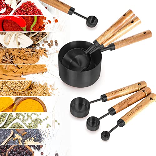 8-Piece Stainless Steel Measuring Cups and Spoons, Acacia Handles, Black - color: Black