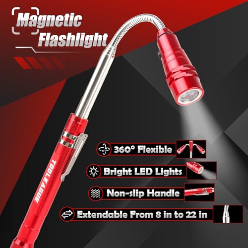 TOOLEAGUE 7Pcs Telescoping Magnetic Pickup Tool Set | Extendable LED Flashlight,Round & Square 360° Inspection Mirror for Men Mechanics, and Handymen, Red