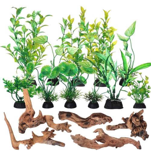 16 Pcs Aquarium Decor Fish Tank Decorations Include 6 Small Natural Coral Driftwood Spiderwood and 10 Green Plastic Plants for Reptile Terrarium Accessories Goldfish Tank Decor