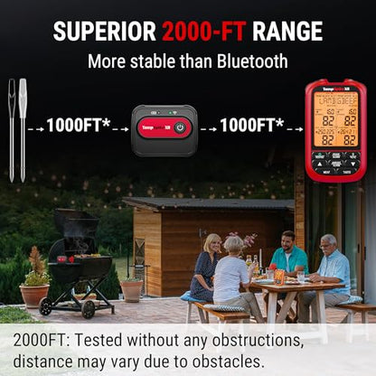 TempPro TempSpike Wireless Meat Thermometer Digital with 2 Probes | 2000FT Range, Ultra-Thin Meat Probe, Temperature Alarm For Smoker, BBQ, Grill, Turkey, Previously ThermoPro - style: 2000ft Red