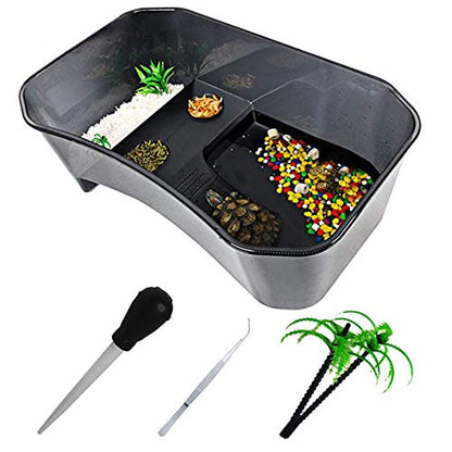 PINVNBY Plastic Turtle Tank Reptile Habitat Pet Terrariums Turtles Tank Aquarium Terrapin Topper Basking with Platform Plants,Durable,Safe, Non-Toxic(Black) - color: Black, size: 【1 PCS】