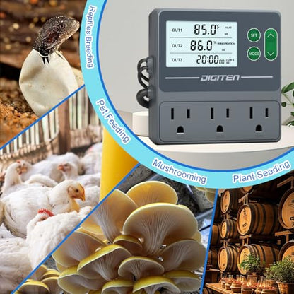 DIGITEN Temperature and Humidity Controller with Timer,3 Outlet Dual Probes | 3-Stage Outlet Control Temp,Humidity & Timer Separately,Digital Thermostat Outlet for Reptile,Aquariums,Mushroom,Greenhouse