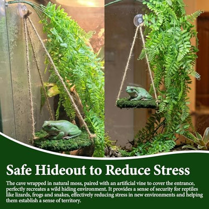 Green Reptile Cave Hide, Platform Shelter for Lizard Gecko Snake