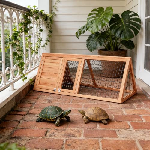 Large Tortoise Habitat House Turtle Hidden Enclosure Indoor Outdoor | Wooden Triangle Reptile Lounge, Ventilating Wire Fence, Fits Small Animals - color: Wood1