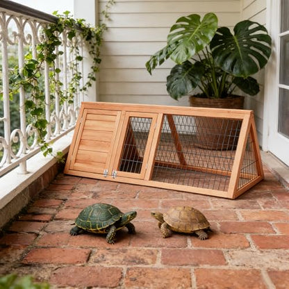 Large Tortoise Habitat House Turtle Hidden Enclosure Indoor Outdoor | Wooden Triangle Reptile Lounge, Ventilating Wire Fence, Fits Small Animals - color: Wood1