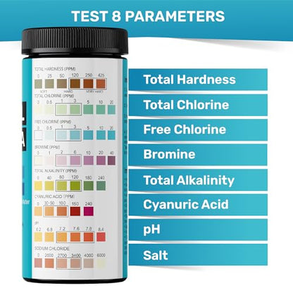 Pool Test Strips 8-in-1, 150 Quick and Accurate Pool and Hot Tub Test Strips - Pool Water Testing Kit for Chlorine, Bromine, pH, Hardness, More - All in 1 Swimming Pool Test Strips by JNW - style: 150 STRIPS - 8 IN 1 POOL TEST STRIPS