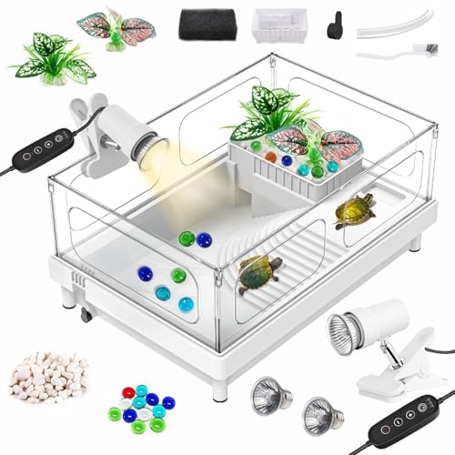 GOZILLA Small Turtle Tank Kit(Tank+Lamp), Acrylic Turtle Starter Kit, Reptile Habitat and Terrarium with Multi-Functional Areas for Small Reptiles. (White+Lamp)