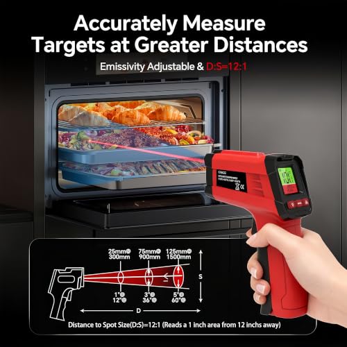 Infrared Thermometer Gun, Digital Laser Temperature Gun -58°F to 1022°F, Adjustable Emissivity, LCD Backlight, MAX/MIN Display, Non-Contact Thermometer for Pizza Oven, BBQ, HVAC, Griddle - color: Red（-58℉-1022℉）