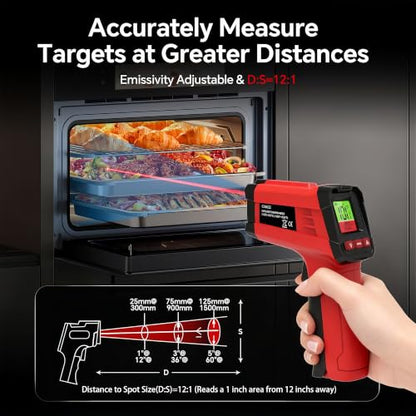Infrared Thermometer Gun, Digital Laser Temperature Gun -58°F to 1022°F, Adjustable Emissivity, LCD Backlight, MAX/MIN Display, Non-Contact Thermometer for Pizza Oven, BBQ, HVAC, Griddle - color: Red（-58℉-1022℉）