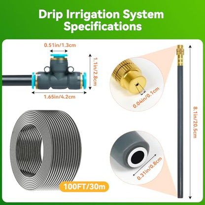 360°Adjustable Drip Irrigation System,100FT Irrigation System for Garden | 16 Copper Nozzles,82Pcs Automatic Misting Sprinkler,5/16" Tubing, Ideal for Raised Bed, Patio,Lawn, and Yard Care Projects - size: 100FT