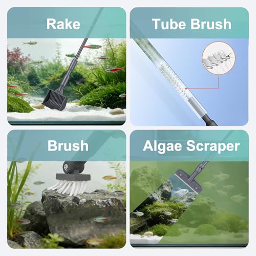 Carefree Fish 6IN1+1 (2026 New Upgrade Edition) Aquarium Cleaning Tools Long Handle Adjustable Length 20~36Inches Fish Tank Cleaner Kit Algae Scraper Scrubber Brushes Set - size: 20~36In