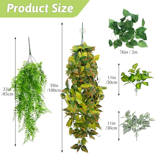 Hamiledyi Reptile Plants for Terrarium Hanging Fake Leaves with Suction Cup | 5 Pack Artificial Snake Foliage, Bearded Dragon Tank Greenery Reptile & Amphibian Habitat Plant for Chameleon Gecko (Style 3) - size: 5 PCS - Style 3