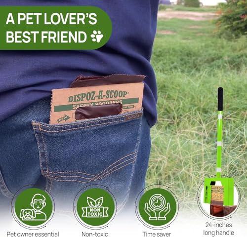 Dispoz-A-Scoop® Revolutionary 4-in-1 Dog Poop Scooper, 24" Handle & 8 Refill Bags - Fast, Easy, Clean with Disposable Bag Attachment, Just Scoop & "Pop" into trash. U.S.A, Always Stays Clean. - style: Bright green for nightime visibility