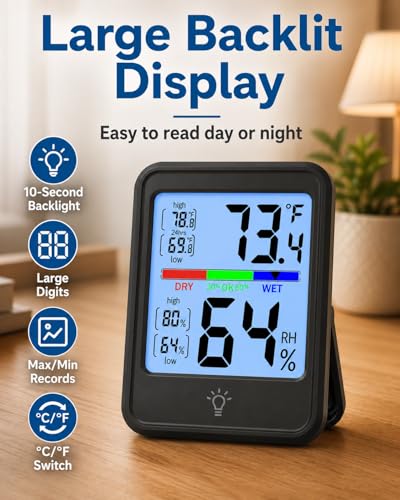 Indoor Thermometer Hygrometer, Temperature Humidity Monitor with Max/Min Records, 10-Second Backlight, Wall/Tabletop for Home, Office & Greenhouse