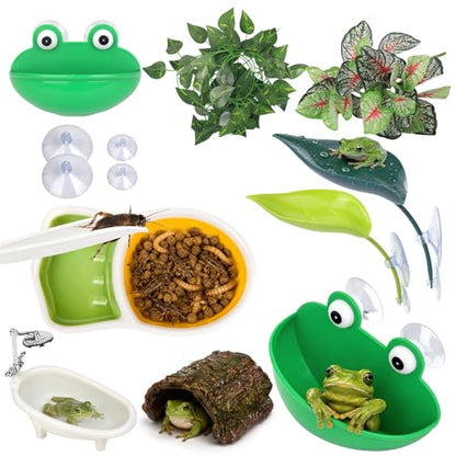 Frog Tank Accessories Set – Complete Tree Frog Habitat Kit with Hideout Cave, Water Dish, Feeding Bowl, Suction Cup Plants & Climbing Decor | Toad Terrarium Supplies for Amphibians