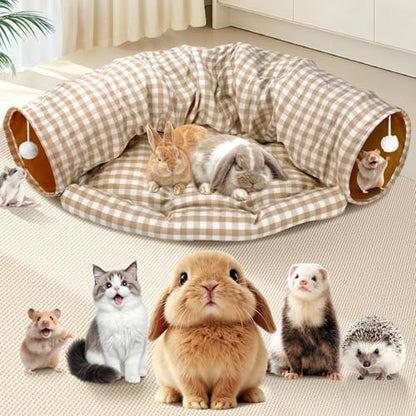 Spardar 2-in-1 Bunny Tunnel Bed, with Removable Mat Hideout, Checkered | Collapsible Tunnel Tubes Toys, Washable, Interactive Toys for Rabbits, Chinchilla, Hedgehog, Guinea, Kitty - color: Checkered