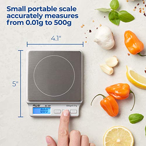 American Weigh Scales SC Series Precision Digital Kitchen Weight Scale, Food Measuring Scale, 2kg x 0.1g (Silver), AMW-SC-2KG (500g x 0.01g) - size: 500g x 0.01g