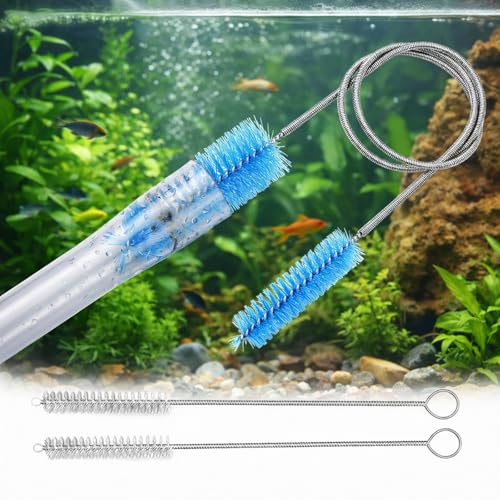 Aquarium Tube Cleaning Brush Kit, 61-Inch Flexible Double-Ended Hose Brush | 3-Piece Lily Pipe Brush Set: 1-Inch and 0.47-Inch Nylon Heads, 2 8-Inch Straw Brushes for Long Filter Tubing and Fish Tanks