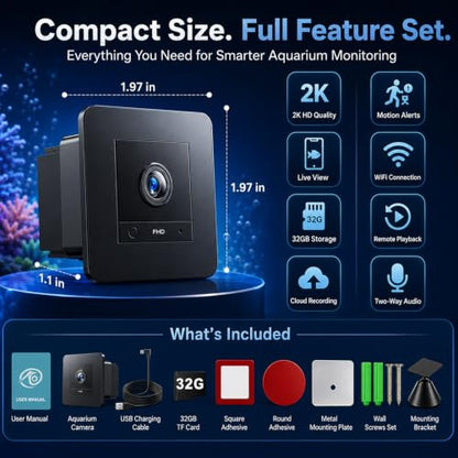 2K HD Aquarium Camera for Fish: Tank & Reptile Terrarium Camera with Battery and 32GB SD Card – Anti-Glare Glass Mount, Night Vision, Two-Way Audio, AI Motion Detection, Aquarium Accessory
