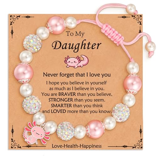 Axolotl/Horse Bracelet Gifts for Girls Kids, Charm Pearl Bead Bracelet Cute Stuff Birthday Jewelry for Daughter Granddaughter Teens - style: Axolotl-Daughter