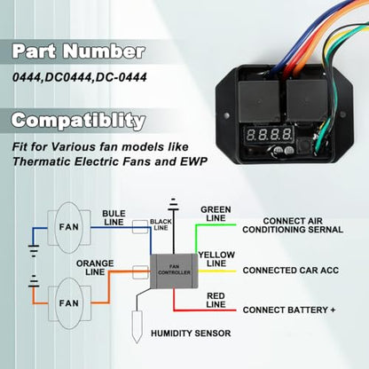 Digital Thermatic Fan Switch Kit #0444,12V and 24V, Adjustable Temperature Range Digital Electric Thermatic Dual Electric Fan Switch Kit
