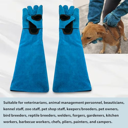 23.43" Animal Handling Gloves,Cowhide Bite Proof, Fits Dogs/Cats | 23.43" Extra Long Forearm Protection, Snake & Scratch Resistant, Reinforced Leather, Fits Reptiles, Birds & Falconry - color: Blue（23.43"）