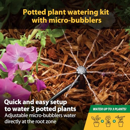 Rain Bird POTTEDKIT Drip Irrigation Container/Potted Plant Watering Kit, Connects to Faucet/Garden Hose, 1/4" Drip Tubing, 360° Micro Bubblers, T-Fittings and Pressure Regulator