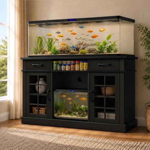 55-75 Gallon Fish Tank Stand, 75 Gallon Aquarium Stand, 1100LBS, Black | Farmhouse Heavy Duty Wood Fish Tank Stand 55+ Gallon with Storage Cabinet for Turtle Tank, Reptile Terrarium - color: Black