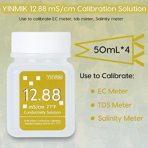 12.88 mS/cm Calibration Solution Conductivity Salinity Calibration Fluid | EC Buffer Standard Calibration solution for Salinity Tester, EC Meter, TDS Meter, 5 in 1 Tester , 4 Bottles of 50mL - color: YELLow