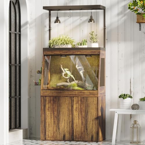 45 Gallon Inclined Reptile Tank with Terrarium Stand, Large Terrarium Reptile Tank Enclosure with Storage Cabinet, Adjustable Shelves and Ventilation Hole Panel, Bearded Dragon Cage, Brown