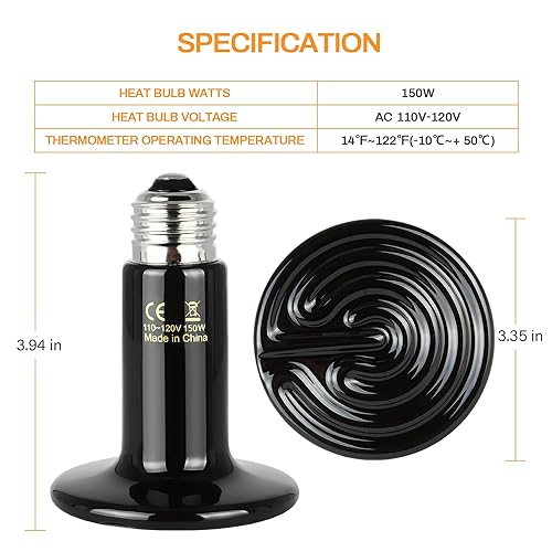 Simple Deluxe 150W Ceramic Heat Emitter Reptile Heat Lamp with Digital-Thermometer, for Pet Brooder Coop Chicken, Dragon Turtle Lizard Snake Aquarium Tank - size: 150 Watts, style: Bulb *2+Thermometer
