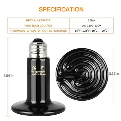Simple Deluxe 150W Ceramic Heat Emitter Reptile Heat Lamp with Digital-Thermometer, for Pet Brooder Coop Chicken, Dragon Turtle Lizard Snake Aquarium Tank - size: 150 Watts, style: Bulb *2+Thermometer