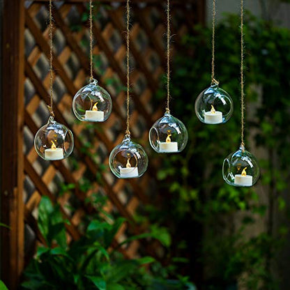 NUPTIO Hanging Glass Tealight Holders with LED, 24 Pcs, 3.15 Inch | Includes Flameless Lights, Clear Votive Globes, Ready to Hang, for Terrariums, Gardens, Weddings, DIY Gifts - size: 3.15 inches