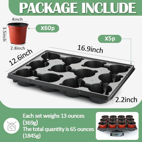 RooTrimmer 4 inch Round Nursery Pots 60pcs, 12 Cell Nursery Pots Trays 5 Pcs, Sturdy Seeds Starting Germination Shuttle Carrying Trays, Small Planter Nursery Propagation 5 Sets - color: Red + Black, size: 4 Inch 60 Pack Pots With 5 Pack Trays