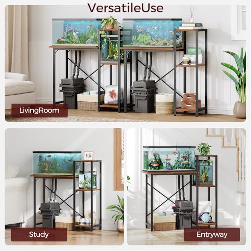 MAHANCRIS 5-10 Gallon Fish Tank Stand with 3-Tier Storage Shelf, Heavy Duty Aquarium Stand for Home Office, Metal Frame Turtle Reptile Terrarium Stand, 30.7"L x 12.6"W x 32.1"H, Rustic Brown FTHR5201 - color: Rustic Brown