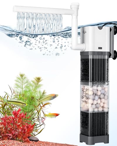AQQA 200GPH Aquarium Filter, Silent Double Filtration Fish Tank Filter | Adjustable Flow, Biochemical Quartz Balls & Physical Sponge Filtration, Stable Water Circulation for 35-60 GallonTanks, 8W