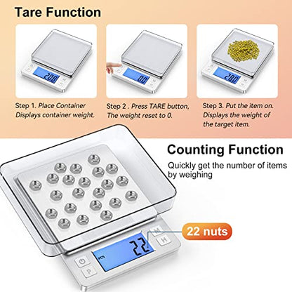 BOMATA Upgraded Small Food Scale with 0.1 g/0.001 oz High Precision | 3000 g/6.6 lb, New Hold Function, Larger Display, USB Rechargeable, Digital Kitchen Scale for Small Item, Jewelry. Sliver - size: 0.1g/3kg Silver