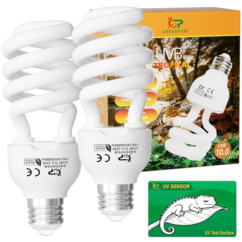 UVB Reptile Light Bulbs 10.0: 26W High Output UVB Light for Bearded Dragon, 2 Pack UVA UVB Light for Reptiles, Reptile UVB Bulb Compact Fluorescent Terrarium Lamp for Tortoises- UV Sensor Test Card - size: 6.5INCH-10.0