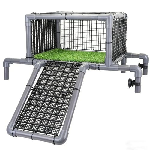 Elevated Turtle Basking Platform Above Tank, Turtle Topper Dock with Non-Slip Ramp and Grass, Extra Large Loft for 18-20” Wide 75/90/125 Gal (Grey/Black) - size: Extra Large (fits 18‑20 inch wide turtle tanks)