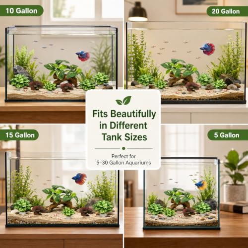 9-Pack Silk Aquarium Plants & Driftwood Cave Fish Tank Decor Accessories | Soft Silk Plants Aquarium Decorations, Fish-Friendly, Small Fish Tank Decorations for Betta, Shrimp, Cichlid Tank & Reptiles - color: G（green 9 Pack）
