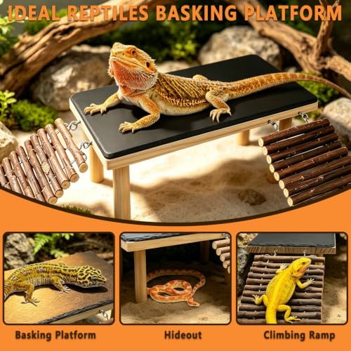 Bearded Dragon Basking Platform with Climbing Ramp,Reptile Basking Rock (L) | Wooden Lizard Resting Platform Basking Rock Slate,Leopard Gecko Hide Cave Tank Accessories for Tortoise Snake - size: L: 11.8" x 7.9" x 4.56"