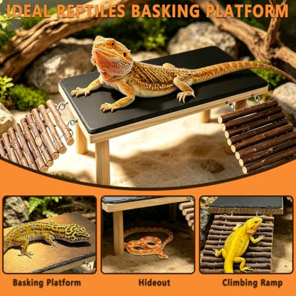 Bearded Dragon Basking Platform with Climbing Ramp,Reptile Basking Rock (L) | Wooden Lizard Resting Platform Basking Rock Slate,Leopard Gecko Hide Cave Tank Accessories for Tortoise Snake - size: L: 11.8" x 7.9" x 4.56"