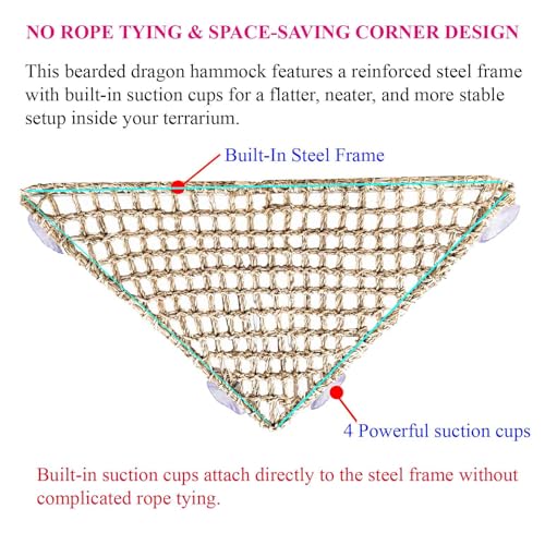 Triangle Bearded Dragon Hammock with Built-in Steel Frame, Flat Stable Corner Reptile Hammock, Handwoven Seagrass Lizard Bed & Climbing Ladder for Reptile Tank Accessories