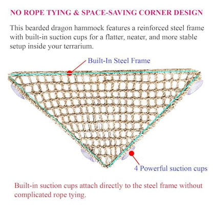 Triangle Bearded Dragon Hammock with Built-in Steel Frame, Flat Stable Corner Reptile Hammock, Handwoven Seagrass Lizard Bed & Climbing Ladder for Reptile Tank Accessories