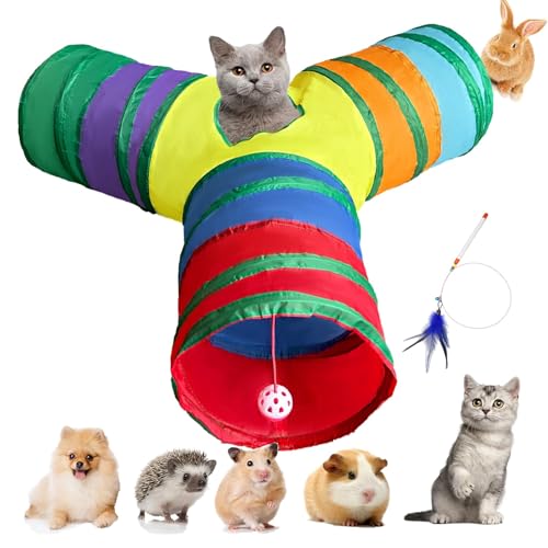 3-Way Collapsible Cat Tunnel Tube Toy Rainbow Y — Interactive Play Tunnel with Hanging Ball & Peek Hole for Indoor Cats, Kittens, Puppies & Rabbits | Hours of Fun & Exercise - color: Rainbow Y