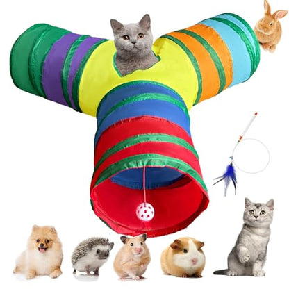 3-Way Collapsible Cat Tunnel Tube Toy Rainbow Y — Interactive Play Tunnel with Hanging Ball & Peek Hole for Indoor Cats, Kittens, Puppies & Rabbits | Hours of Fun & Exercise - color: Rainbow Y