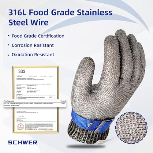 Schwer SlicePro ANSI A9 Cut Resistant Glove PR1706, Stainless Steel Mesh Metal Glove, Food Grade for Kitchen Cooking, Butcher Meat Cutting, Oyster Shucking, Mandoline, (S, 1 PCS) - size: Small (Pack of 1), style: 1.0 Steel Wire