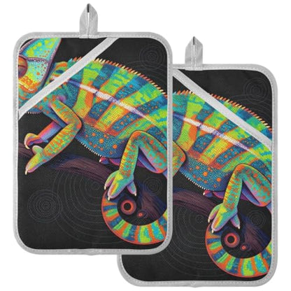 Pot Holder Set 170℃ Heat Resistant | 8mm Thick Padding BBQ，Microwave Two Piecing Vibrant Rainbow Reptile on Branch