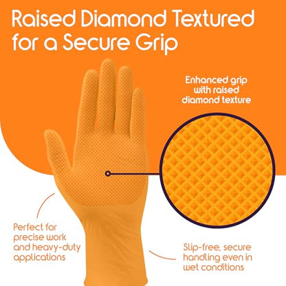 Inspire Heavy Duty Orange Nitrile Gloves | ULTRA 8 Mil Diamond Textured Grip | Industrial Mechanic Disposable Cleaning Gloves - size: Large